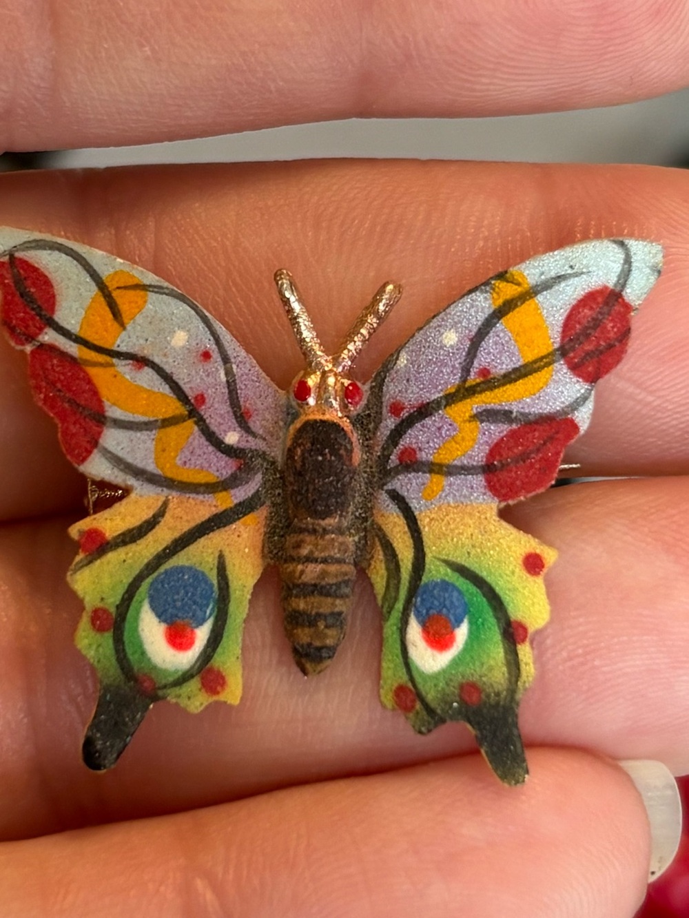 Vintage Sugared Multicolor Butterfly Brooch Gold Tone Marked FORIEGN